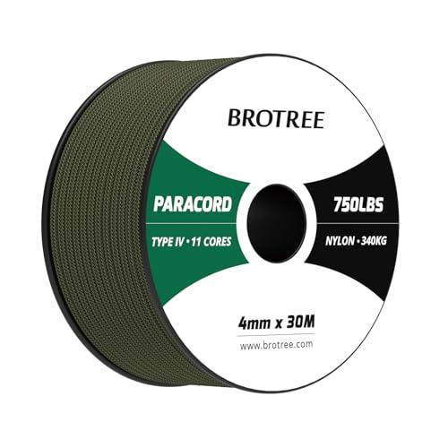 Brotree Paracord 4 mm 750lb Nylon Corda 30 M 11 Fili Tipo IV Corda Paracadute per Esterno, Sopravvivenza, Fatto a Mano - 340 kg Carico di Rottura (Verde Militare)