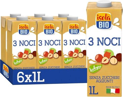 ISOLA BIO 3 Noci, Bevanda Biologica a Base di Mandorla, Nocciola e Noce di Macadamia, Senza Zuccheri Aggiunti, a Basso Contenuto di Grassi, adatta a Vegetariani e Vegani, 6 Confezioni da 1 L