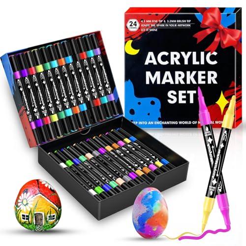 Dictien 24 Colori Pennarelli Acrilici Doppia Punta,Set di Pennarelli a Punta fine e Media,Acrylic Marker Ad Acqua per Dipingere Sassi, Colorazione, Legno, Vetro, Tessuti, Pittura