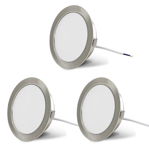Set di 3 luci per mobili LED 230 V 3,5 W LED IP44 G4 15 mm faretti da incasso per mobili piatti, 4000 K bianco caldo, cappa da cucina, faretto da incasso bagno (Nickel spazzolato)