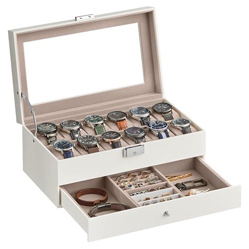 SONGMICS Porta Orologi a 12 Posti, Scatola Portaorologi a 2 Livelli, Coperchio in Vetro, Chiusura, Cassetto, Idea Regalo, Superficie in PU Bianca Nuvola, Interno Beige Cappuccino JWB012W01