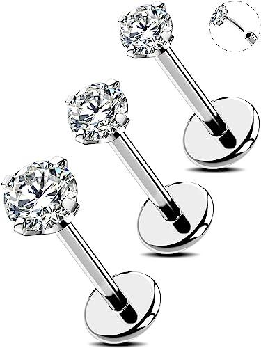 OUFER Piercing da naso da 20 G per narice 3 pezzi con retro piatto a forma di conchiglia trago elice gioielli senza filettatura in acciaio chirurgico piercing per labbro cartilagine CZ 8 mm