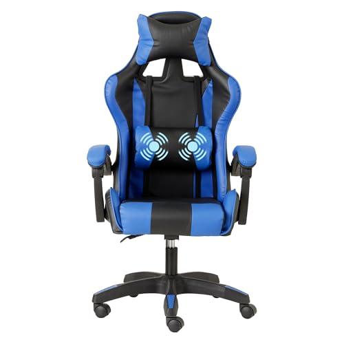 Baroni Home Sedia da Gaming Ergonomica con Massaggiatore Lombare, Sedia da Ufficio con Schienale Reclinabile con Cuscini Regolabili Poggiatesta e Supporto Schiena, Blu