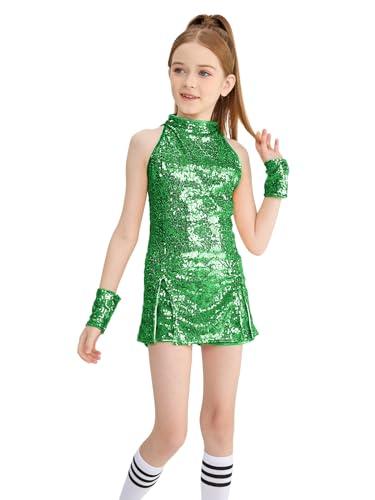 LOLANTA Costume da Ballo con Paillettes per Ragazze, Hip-Hop Abbigliamento per Bambini, Verde, 8-9 Anni, 140