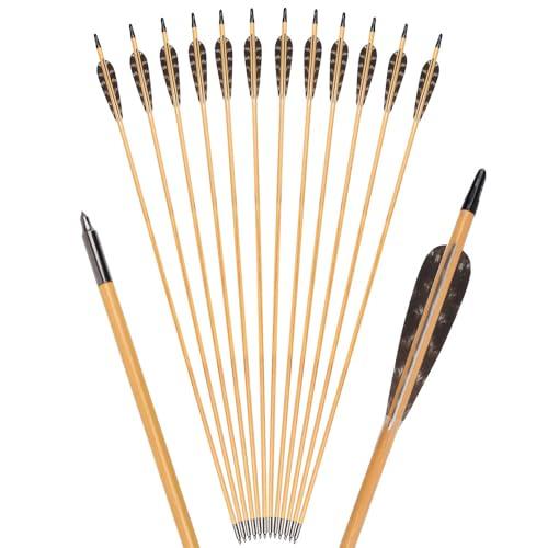 TY Archery 12 frecce in legno da 32 pollici, con piume naturali da 4 pollici, frecce per tiro con l'arco, frecce in legno, per arco tradizionale ricurvo arco lungo