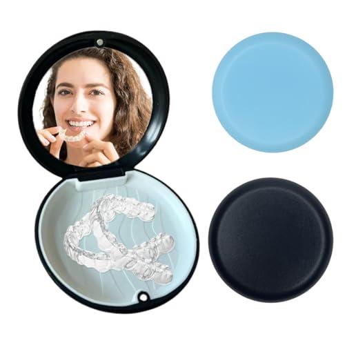 2 Pezzi Scatola per apparecchi ortodontici,con specchio,porta apparecchio denti,scatola di immagazzinaggio per dentiera, custodia per allineatore, custodia apparecchio denti,Nero+Blu
