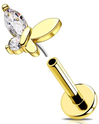 OUFER 16G Oro Farfalla Orecchio Helix Senza Filettatura Acciaio Chirurgico 316L Piercing Trago Trasparente CZ Conch Earring Per Le Donna 8 mm Lip Stud