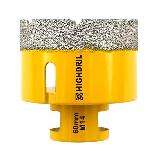 HIGHDRIL Punta per Trapano Diamantata - 60mm con Filettatura M14 Foratura Secco per Piastrelle Porcellana Ceramica Granito Marmo Muratura Mattoni per Smerigliatrici Angolari