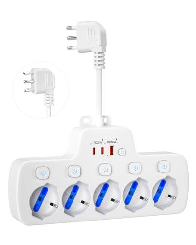 Ciabatta Elettrica Multipresa con USB C,Presa Multipla Salvaspazio con Interruttori Indipendenti 5 Posti Polivalenti Schuko P40 10A/16A,Ricarica Rapida PD20W Cavo Corto Spina Italiana 16A 2P+T,Bianco