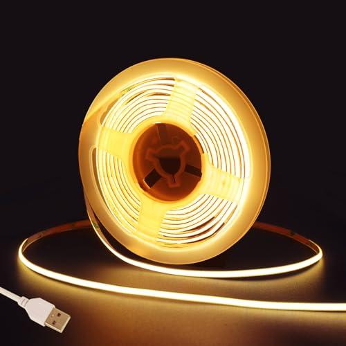 Fosingut COB Striscia LED Camera,5v 3m USB Luci LED TV Retroilluminazione Intelligente 4mm,480LEDs/m CRI90+ 3000K Bianco Caldo Strisce LED Adesive per Cucina Sottopensile,Armadio,PC,Mirror