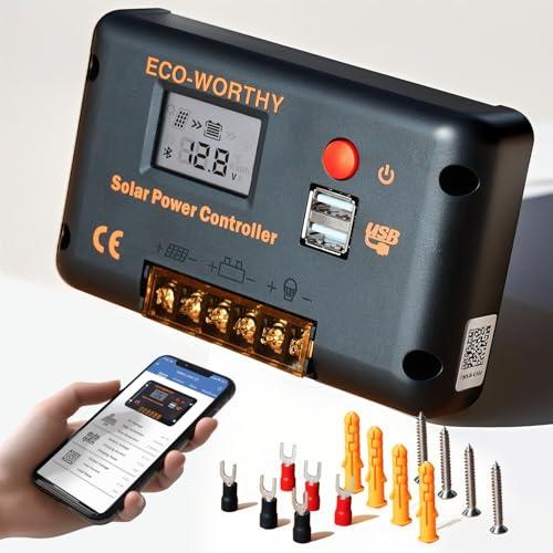 ECO-WORTHY Regole di Ricarica PWM 30A per Pannelli Solari e Batterie, Regolatore Intelligente con 2 Porte USB, PWM 12/24 V, Adatto per Batterie al litio, al Piombo e al gel