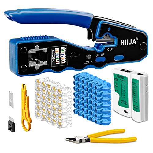 Hiija Pinza Crimpatrice RJ45 Passante Kit 8P8C per Ethernet Cat6 Cat5e Cat5, con 50 Connettori RJ45 Cat6, 50 Coperture, Tester Cavi LAN RJ45/RJ11, Spelafili e Tagliacavi