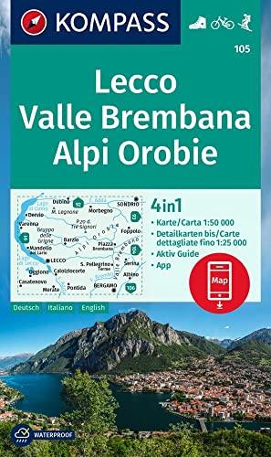 Cartina escursionistica n. 105 Lecco, Valle Brembana, Alpi Orobie: 4in1 Wanderkarte mit Aktiv Guide und Detailkarten inklusive Karte zur offline ... in der KOMPASS-App. Fahrradfahren. Skitouren.