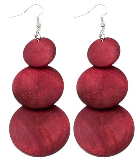 ◦•●◉ஐ ORECCHINI EXTRA LUNGHI IN LEGNO ROSSO A TRE PEZZI ஐ◉●•◦ orecchini molto lunghi composti da tre dischi di legno di diverse dimensioni in tonalità rosso scuro, bordeaux, rosso scuro