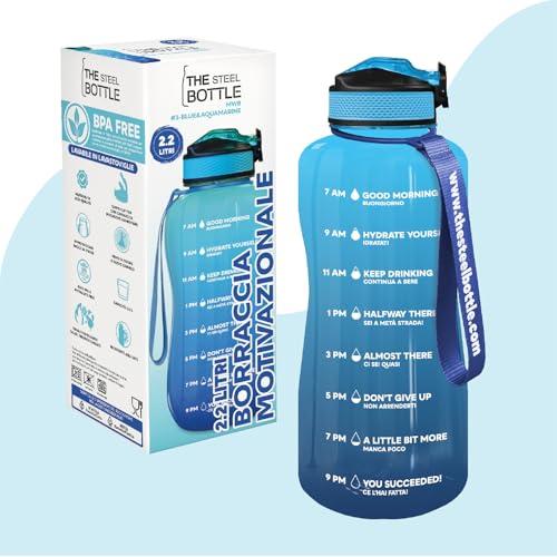 THE STEEL BOTTLE - Borraccia motivazionale sportiva palestra 2.2 Litri con livelli e indicatore del tempo, cannuccia e fasce orarie - BPA e Phthalate Free - chiusura ermetica