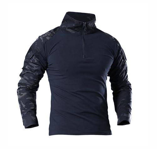 WISEONUS Maglia Militare Mimetici Uomo Tattico Softair Maglia Caccia Paintball BDU Maniche Lunghe Camicie (IT, Testo, XL, Regular, Regular, Nero Camouflage)