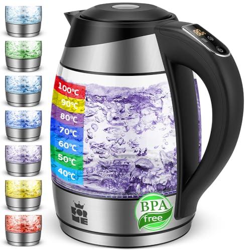 FOR ME Bollitore Elettrico in Vetro 1,8 L, Controllo della Temperatura, Temperatura Selezionabile da 40°C a 100°C, Illuminazione a LED a 7 Colori, Funzione di Mantenimento Caldo, Senza BPA