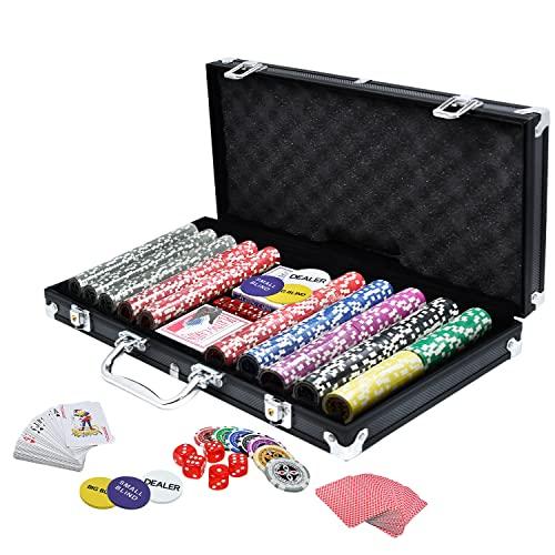 TRMLBE Valigetta da Poker Set da 500 fiches da Poker fiches da Poker Laser con mazzi da Poker 2X, Pulsante Dealer 3X, Dadi 5X, Custodia in Alluminio con 2 Chiavi - Nero