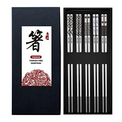 Bosdontek Bacchette in Metallo Riutilizzabili - 5 Paia in Acciaio Inox, Lavabili in Lavastoviglie, Motivo per Incisione, Bastoncini Giapponesi, Set Regalo Sushi (Argento)