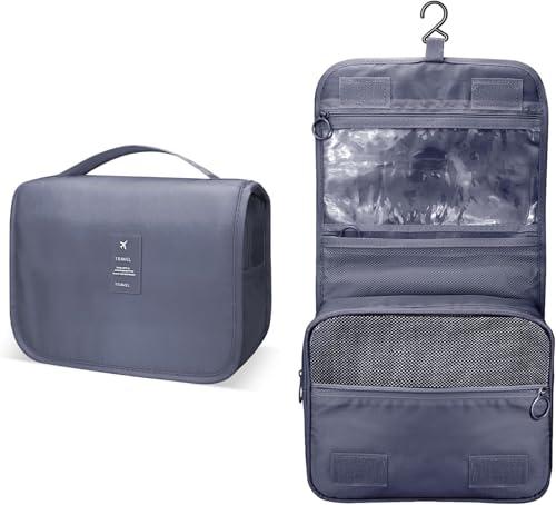 Beauty case con gancio per appenderlo, borsa portatile da viaggio impermeabile per donne e uomini, set di shampoo, balsamo, pennelli da viaggio, Grigio, Medium, moderno