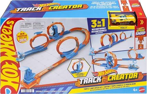 Hot Wheels - Pista Triplo Loop, Set con Speed Snap Track e adattori per Costruire 3 Giri della Morte, macchinina in Scala 1:64 Inclusa, Giocattolo per Bambini, 4+ Anni, JDW39