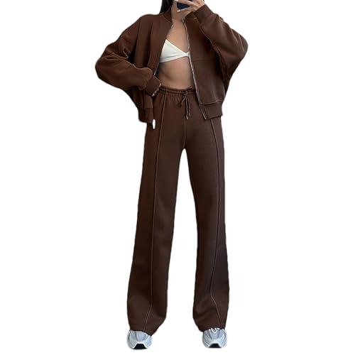amropi Tuta da Donna Giacca con Cerniera e Pantaloni Jogging Tute 2 Pezzi Sportivo Completo caffè, L