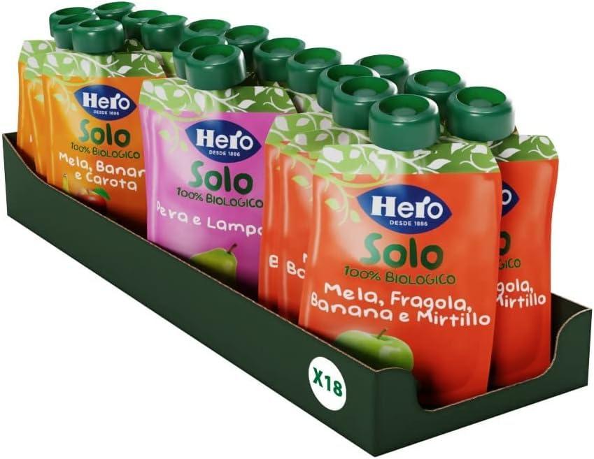 Hero Solo Bio, Frutta Frullata 100% Bio, Senza Zuccheri Aggiunti, Confezione multigusto, 18 Confezioni miste da 100 gr