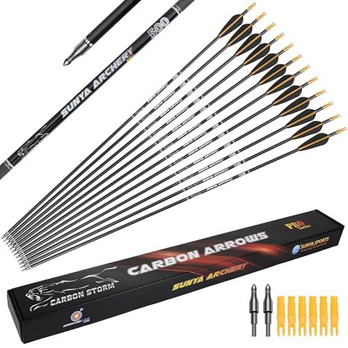 Sunya Frecce da Caccia Arco Compound e Arco ricurvo. Asta in Carbonio da 30 Pollici, Spina 400/500 con Punte Rimovibili. Confezione da 12 Pezzi