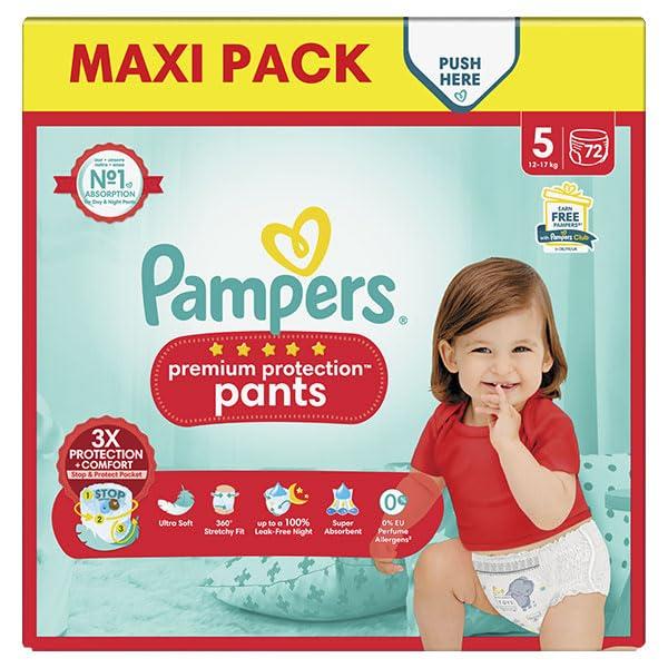 Pampers Premium Protection Pants Taglia 5, 74 Pannolini Mutandine, 11 kg-17 kg, Con una Tenuta a 360° e barriere antiperdite morbide 2 volte più larghe rispetto a quella anteriore per comfort e