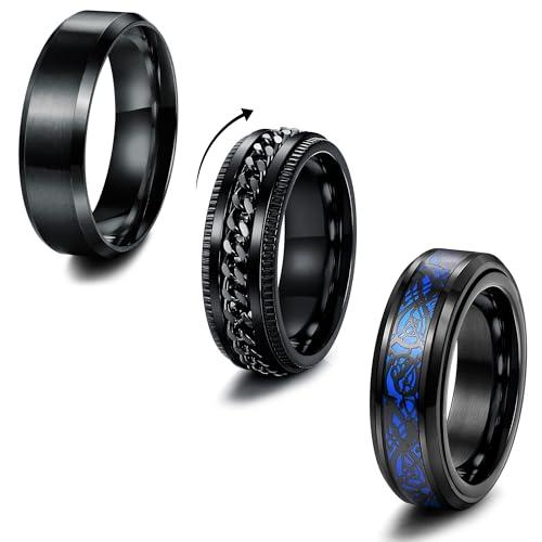 Milacolato 3 Anello Uomo Nero Acciaio Inossidabile Anello Antistress Cool Catena Ritorta Ferma Anello Celtico Drago Fascia Anello Spinner Anelli Apribottiglie di Birra, Larga 8mm
