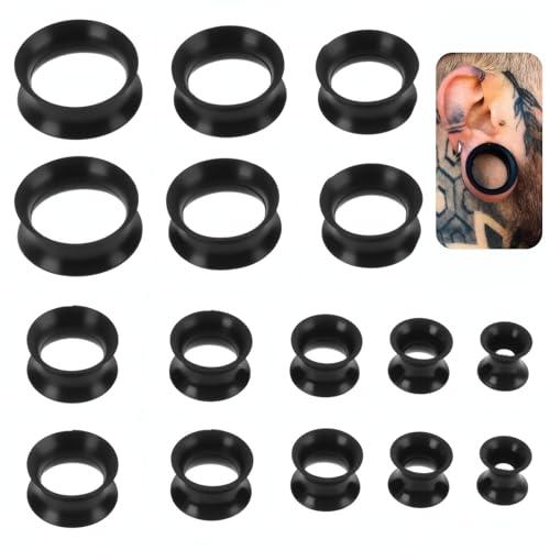 Vxiwscy 16 Pezzi Flesh Tunnel Dilatatore Orecchio in Silicone Barelle Orecchio Tappo di Corpo Piercing Espansori, Nero， Peso leggero, durevole, facile da pulire e confortevole durante l’uso.