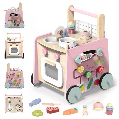 VITONIS Girello per Bambini di Legno, Carrello Primi Passi con 8 Giochi Interattivi, Girello Montessori Push Walker Regalo per Bambini e Ragazze