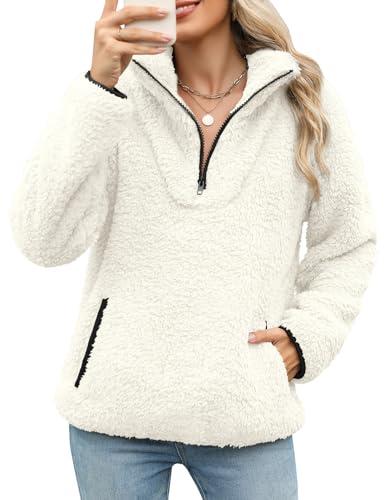 Tuopuda Donna Felpe Senza Cappuccio Pullover Pile Tops Termico Manica Lunga Felpe con Zip Tasche Maglione Caldo Autunno Invernali Sweatshirt Eleganti Hoodie Fleece Jumper Maglietta, Bianco, S