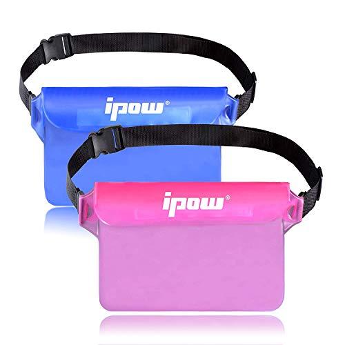 ipow 2 PZ Borsa Impermeabile Marsupio Impermeabile Mare Universale Chiusura a 3 Zip Super Protezione Certificato IPX8 con Cintura Regolabile per Documento Cellulare, Rosa e Blu semitrasparenti