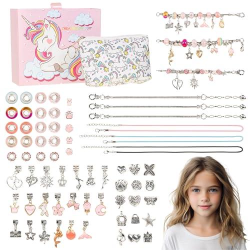 Kit Unicorno Crea Braccialetti Bambina, Set Fai da Te con 68 Pezzi, Perline, Charms e Pendenti, Gioielli Creativi con Box e Pochette Regalo, Idea Regalo Perfetta per Bambine 6-12 Anni