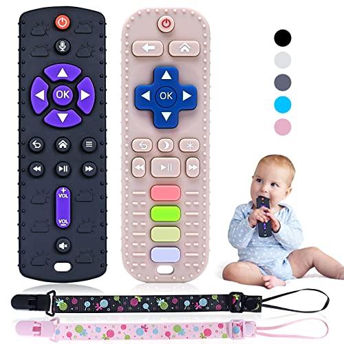 Orzbow 2 Pcs Telecomando Giocattolo per Neonati, Massaggia Gengive Neonati con Clip Ciuccio e Pulsanti Premibili, Giochi Dentizione Neonato di Silicone Qualità Alimentare per 0-12 Mesi, Nero & Rosa