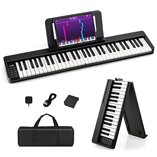 COSTWAY Pianoforte Digitale Pieghevole 61 Tasti, Tastiera Elettronica Portatile, con Tasti a Grandezza Standard Leggio Pedale Sustain MIDI Bluetooth e Borsa, per Principianti Bambini Adulti, Nero