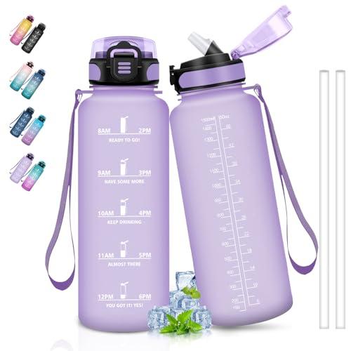 Borraccia 1,5 Litri, Borraccia Palestra Senza Perdite, Borraccia con Cannuccia, Facile da Pulire, Borraccia Trekking con Slogan Motivazionale, Borraccia per Palestra, Yoga, Ciclismo, Campeggio, Viola