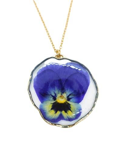 Collana donna fiore vero viola del pensiero essiccato pressato in resina.ciondolo pendente cerchio oro. Regalo unico. Accessorio fiore vero