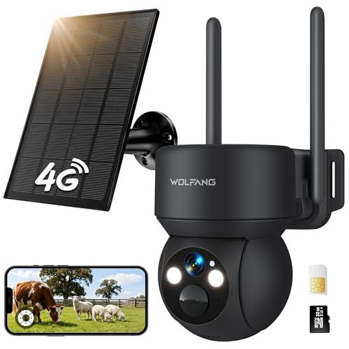 WOLFANG Telecamera Esterno 4G con SIM, Telecamera Esterno 360° PTZ, Visione Notturna a Colori, Rilevazione di Movimento PIR con Allarme, IP66, Audio a 2