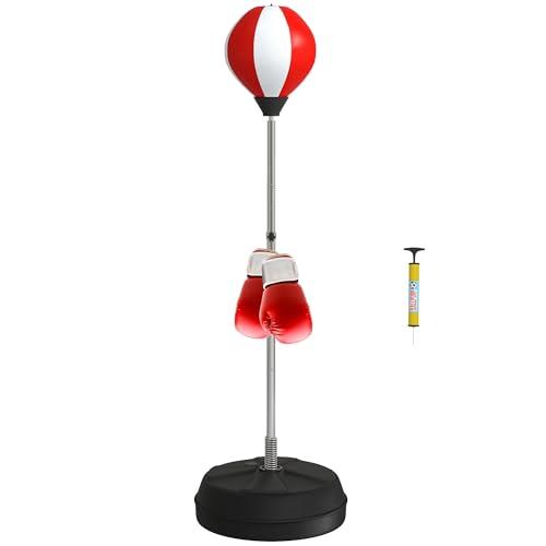 HOMCOM Punching Ball da Terra per Adulti, Sacco da Boxe da Terra con Base Riempibile, Pompa ad Aria e Guantoni, Altezza Regolabile da 126-144 cm, Speed Bag per Home Gym Casa e Palestra, Rosso e Bianco
