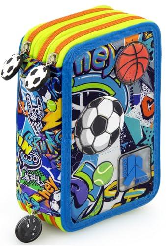 Julian Ross Astuccio 3 Scomparti Bambini – 45 Pezzi, 2 Penne Cancellabili, Pastelli 4.0, Forbici, Colla, Pennarelli – Scuola e Regalo - Multicolore - Sport, Calcio, Tennis, Basket
