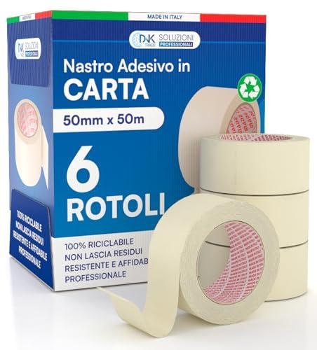 DNK TRADE Nastro di Carta - 6 Rotoli di Nastro da Imbianchini 50mm x 50m - Carta Gommata Professionale 50x50 Riciclabile per Mascheratura Pittura e Imbiancatura