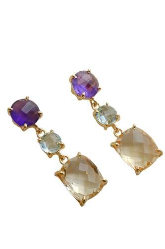 Orecchini Pendenti Multigemma in Argento Sterling 925 Placcato Oro con Ametista, Topazio Azzurro e Citrino - Gioielli Colorati da Donna 3,4 cm