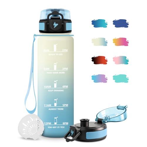 Borraccia Palestra 1 Litro, Borracce Motivazionale con Filtro, a Prova di Perdite, Facile da Trasportare, Bottiglia Acqua Sportiva con Indicatore del Tempo per Campeggio, Scuola, Ufficio, Viaggio