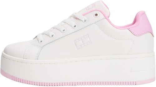 Tommy Jeans Donna Sneakers con Suola Alta in Pelle, Multicolore (Ecru/Carnival Pink), 38