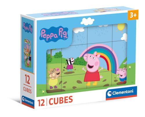 Clementoni- Peppa Pig Pig-12 Pezzi Bambini 3 Anni, Cartoni Animati, Puzzle Cubi, Made in Italy, Multicolore, 41195