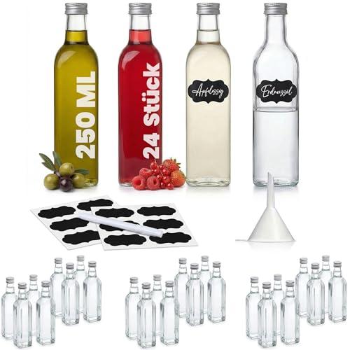 slkfactory 24 bottiglie vetro 250ml – bottigliette di vetro piccole 250 ml – bottiglia vetro 250 ml – per liquore sciroppi olio – tappo a vite – con etichette imbuto matita
