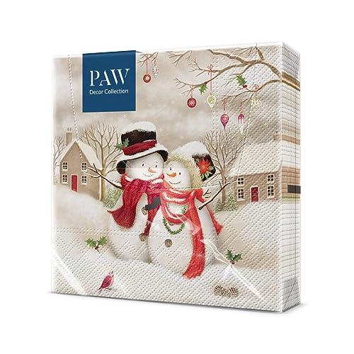PAW - Tovaglioli di Carta Natale (33 x 33 cm) I 20 Pezzi I Tovaglioli Carta I 3 Veli I Natale, Inverno, Stelle, Neve, Pupazzi di Neve I Colore: Snowy Family