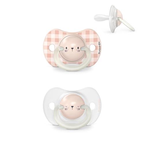 Suavinex Confezione 2 Ciucci, si Illuminano al Buio, Ciucci Fluorescenti per Dormire, per Bambini 0/6 Mesi, con Tettina Simmetrica in Silicone SX Pro, Piatta e Flessibile, Night and Day Coniglio Rosa